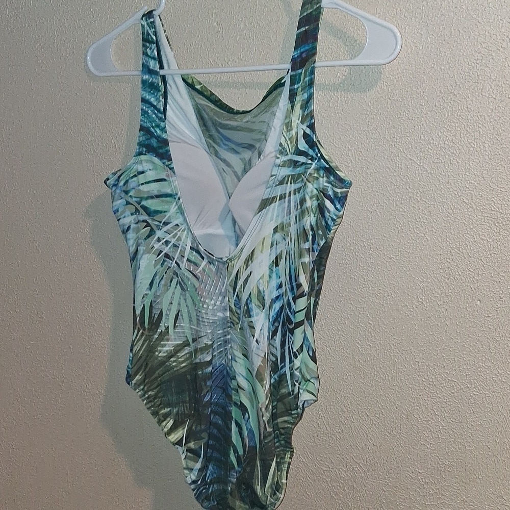 Tahari Plunge Mesh One Piece Swimsuit Camo Palm Padded Bra L - Picture 6 of 8